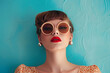 A retro style fashion woman wearing trendy sunglasses with a pin up girl aesthetic.
