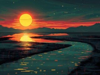 Wall Mural - A painting of a river with a large sun in the background. The sun is orange and the sky is dark. The mood of the painting is peaceful and serene