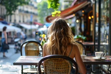 A woman is seated at a table outside, enjoying leisure time at a restaurant