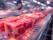 A row of meat on a conveyor belt. The meat is red and he is fresh