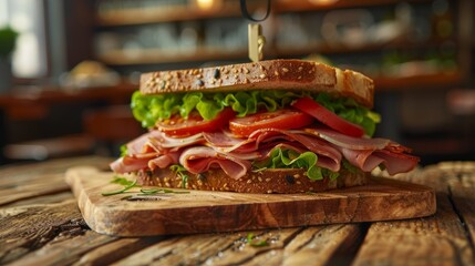 Wall Mural - Closeup of a gourmet ham and lettuce sandwich displayed on a rustic wooden cutting board