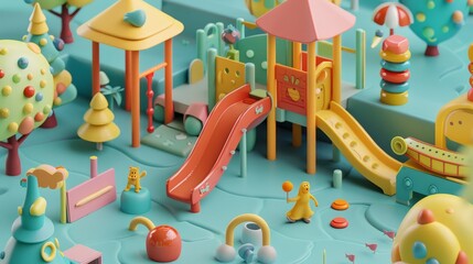 Abstract patterns and cute characters in a 3D render of a school playground  AI generated illustration