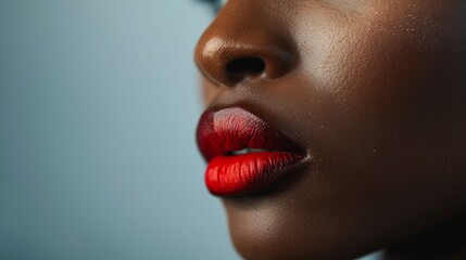 Wall Mural - A close-up view of a womans face showcasing flawless skin and perfectly applied bold red lipstick