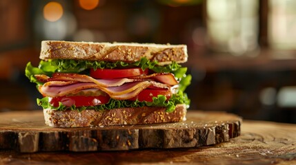 Wall Mural - Freshly made bacon, lettuce, and tomato sandwich arranged on a rustic wooden cutting board