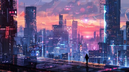 Wall Mural - Admiring a futuristic cityscape in cute style  AI generated illustration