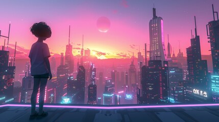 Wall Mural - Admiring a futuristic cityscape in cute style  AI generated illustration