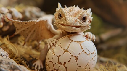 Wall Mural - Adorable baby dragon hatching from an egg  AI generated illustration