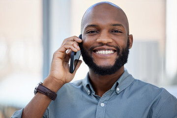 Poster - Business, portrait or black man on a phone call talking, networking or speaking to chat in discussion. Smile, startup or African entrepreneur in mobile conversation, communication or negotiation deal