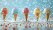 Colorful ice cream cones with different flavors and splashes of melting ice on a blue background, top view