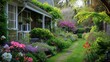 © Татьяна Евдокимова - Serene cottage garden with lush flowers and a charming pathway leading to a cozy home