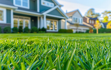 Wall Mural - A house with a green lawn and a white picket fence