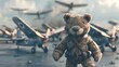 An adorable 3D rendering of a teddy bear leading a squadron of toy airplanes into battle      AI generated illustration