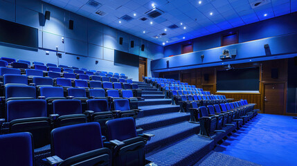 Wall Mural - A blue theater with rows of chairs and a large screen