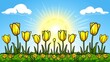   A field filled with yellow tulips beneath a blue sky The sun resides at the center of the blooming expanse