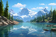 Steep moountain lake, steep lake at mountain range, illustrated steep mountain lake
