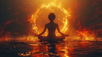 A person meditating with their eyes closed depicted with vibrant yellow light surrounding their solar plexus chakra signifying the confidence power and sense of self associated