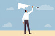 Business graphic vector modern style illustration of a business man waving a white flag to concede defeat give up against rival company pitch lose job contract go bankrupt all over finished