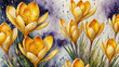 watercolor floral background, yellow crocuses dripping with water, perfect composition, high detail,