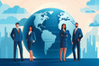 Business graphic  vector modern style illustration of business people in front of world globe map showing domination conquering markets global company dealing internationally across countries