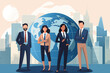 Business graphic vector modern style illustration of business people in front of world globe map showing domination conquering markets global company dealing internationally across countries