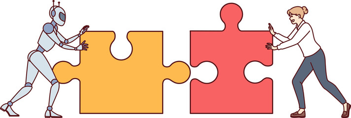 Wall Mural - teamwork of robot with artificial intelligence and person connecting puzzles to create innovative pr