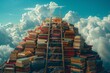 A towering pile of oversized books with a wooden ladder propped, reaching into a sky with fluffy white clouds
