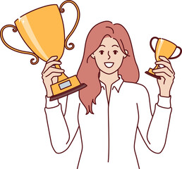 Wall Mural - Successful woman manager boasts of gold cups for obtaining leadership position in corporate competitions. Business lady invites employees to participate in trophy drawing for leadership qualities