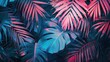 Tropical palm and monstera leaves in vibrant pink and blue colors in retro style