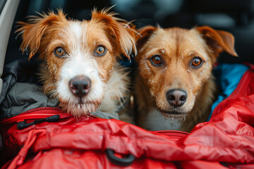 Two Brown and White Dogs Sitting in Car