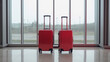 © © Raymond Orton - Suitcases in airport departure lounge, airplane in background, summer vacation concept, traveler suitcases in airport terminal waiting area, Created using generative AI tools.