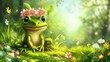   A green frog adorned with a flower atop its head rests on a blade-covered grass patch, nestled in a field