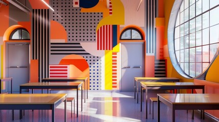Wall Mural - Bold lines and abstract patterns in a 3D render of a school classroom  AI generated illustration