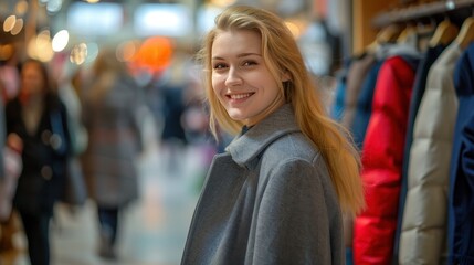 Wall Mural - Happy smiling young blonde woman with long hair wearing a gray coat on blurred background of shopping center