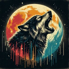 Wall Mural - Grunge Illustration: Howling Wolf Standing on Mountains, Under the Full Moon