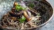 Chilled buckwheat noodles with crispy eggplant shiso leaves and shredded radish
