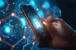 © SKIMP Art - A hand holding an Phone with the digital padlock symbol glowing on top of it, against a background of blue hexagons and white circles representing network connections Generative AI