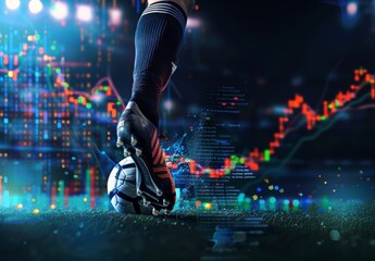 Soccer player kicks ball with stock market backdrop, symbolizing investment/trading