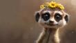   A meerkat, adorned with a flower crown, gazes directly at the camera in this painting