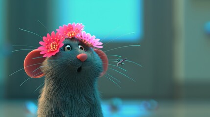 Poster -   A cartoon mouse wearing a pink blossom on its head, holding a pink flower in the midst