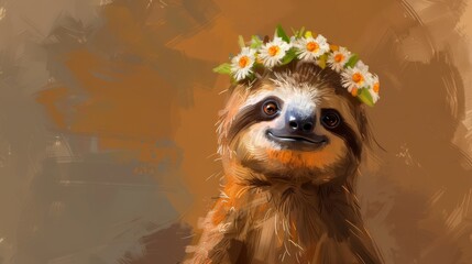 Wall Mural -   A painting of a sloth wearing a flower crown and smiling