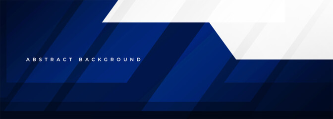 Abstract blue and white modern wide banner template with geometric shapes. Dark blue and white abstract background. Vector illustration