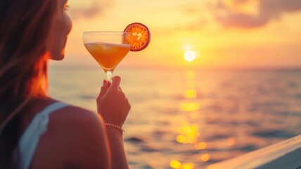 Wall Mural - Woman enjoying cocktail at sunset by ocean