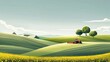 Procreate vector art style poster agriculture farming field red tractor minimalism village spring. A minimum of rural landscape. Cartoon village farm cubism style. AI Generated