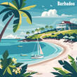 A painting of a beach with palm trees and a sailboat. The painting is titled Barbados