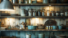 A Rustic Farmhouse Kitchen With Open Shelving Displaying A Collection Of Vintage Enamelware And Mason Jars, Illuminated By Soft Natural Light. Promotion Background.