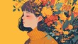 Profile young woman surrounded by flowers digital illustration yellow