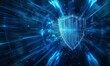 futuristic shield icon in the center of abstract digital blue background with light effects, security technology concept Generative AI