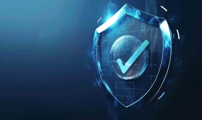 A futuristic digital shield with a checkmark symbol on it, representing security and protection in the abstract space of data technology Generative AI