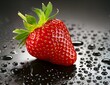 Strawberry with water drops on black background. Fruits and summer berries illustration