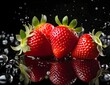 Strawberries and drops of water in a glass on a black background. Fruits and summer berries illustration